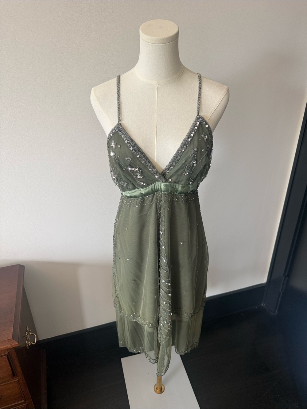 Beaded Olive Green Slip Dress with Spaghetti Straps